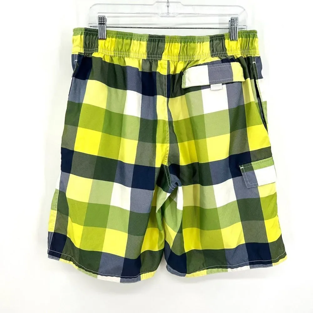 MOSSIMO Men's Green Yellow Plaid Mesh Lined Swim Trunks Shorts Size Large